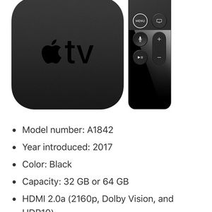 Apple TV 4K first gen with remote and cable